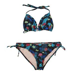 GAP GapBody 2 Piece Bikini Set Black Floral Tropical Hawaiian Triangle Women's L